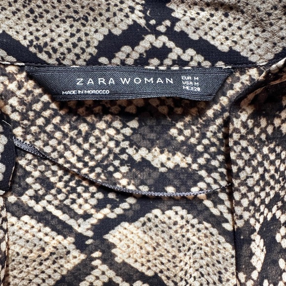 Zara Sheer Snake Print Blouse Long Sleeve Runched Black and Tan Sz M - Picture 2 of 7